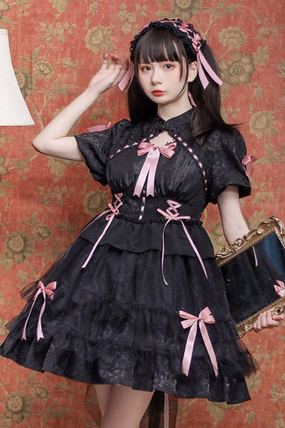 Sweet Lolita Dress - Stand Collar One Button Bubble, 3 Colors, Stand Collar, Lace Trim - S Black/Pink / M Black/Pink / L Black/Pink option