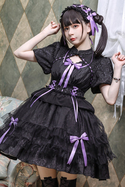 Sweet Lolita Dress - Stand Collar One Button Bubble, 3 Colors, Stand Collar, Lace Trim - S Black/Purple / M Black/Purple / L Black/Purple option