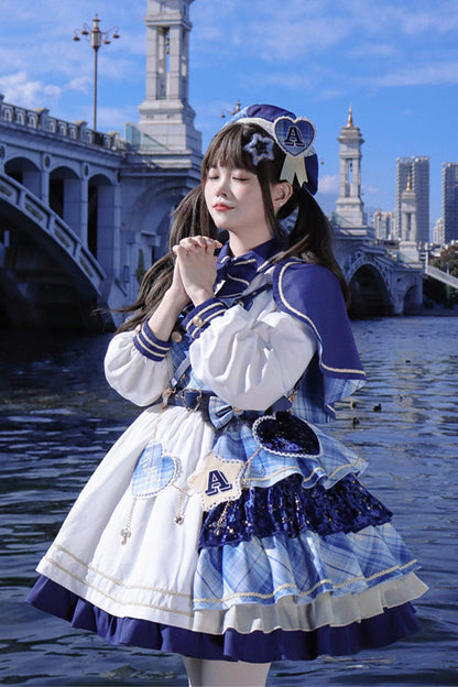 Sweet Lolita Dress - Starlight Academy Style, 2 Colors, Plaid, Printed, Long Sleeves - additional product view 4