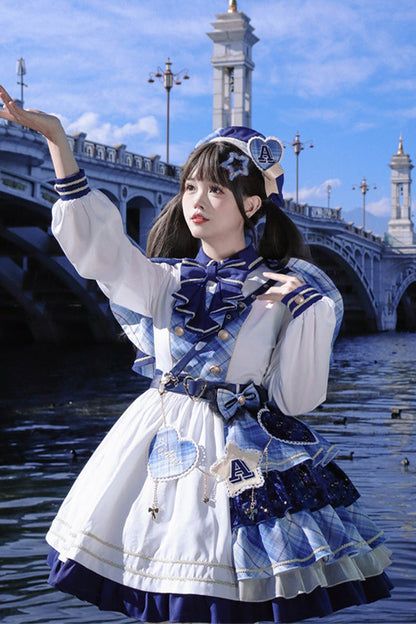 Sweet Lolita Dress - Starlight Academy Style, 2 Colors, Plaid, Printed, Long Sleeves - additional product view 12