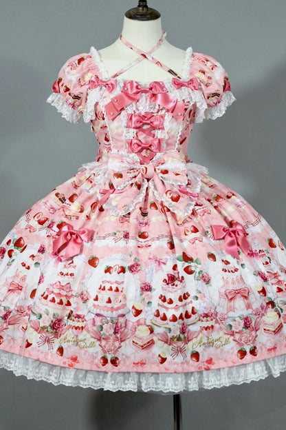 Sweet Lolita Dress - Strawberry Cake Bouquet, 3 Colors, Square Collar, Lace Trim, Printed - additional product view 3