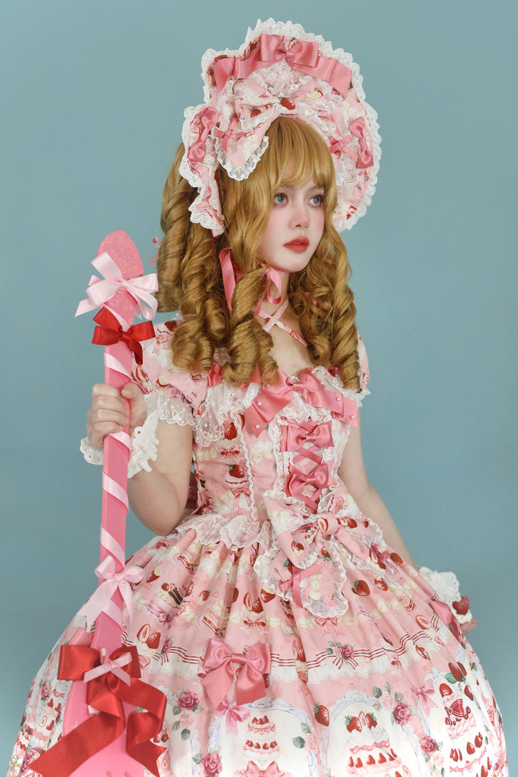 Sweet Lolita Dress - Strawberry Cake Bouquet, 3 Colors, Square Collar, Lace Trim, Printed - additional product view 5