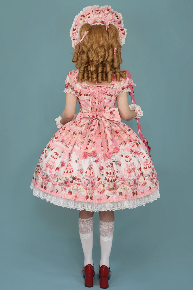 Sweet Lolita Dress - Strawberry Cake Bouquet, 3 Colors, Square Collar, Lace Trim, Printed - additional product view 6