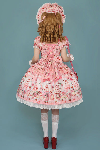 Sweet Lolita Dress - Strawberry Cake Bouquet, 3 Colors, Square Collar, Lace Trim, Printed - additional product view 6