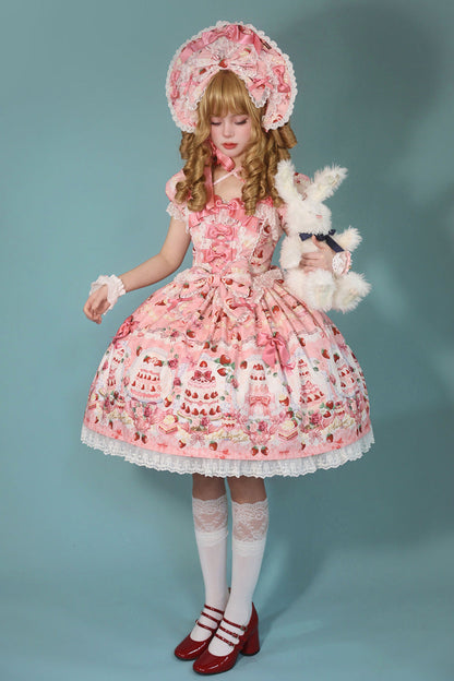 Sweet Lolita Dress - Strawberry Cake Bouquet, 3 Colors, Square Collar, Lace Trim, Printed - additional product view 7