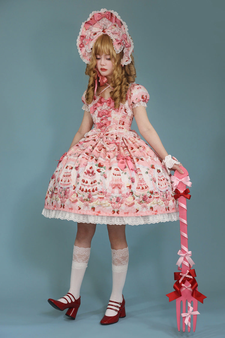 Sweet Lolita Dress - Strawberry Cake Bouquet, 3 Colors, Square Collar, Lace Trim, Printed - additional product view 8
