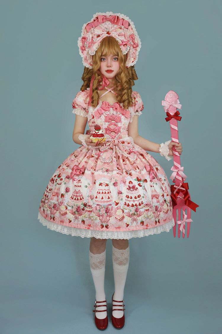 Sweet Lolita Dress - Strawberry Cake Bouquet, 3 Colors, Square Collar, Lace Trim, Printed - additional product view 9