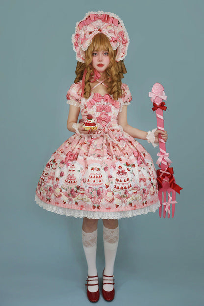 Sweet Lolita Dress - Strawberry Cake Bouquet, 3 Colors, Square Collar, Lace Trim, Printed - additional product view 9