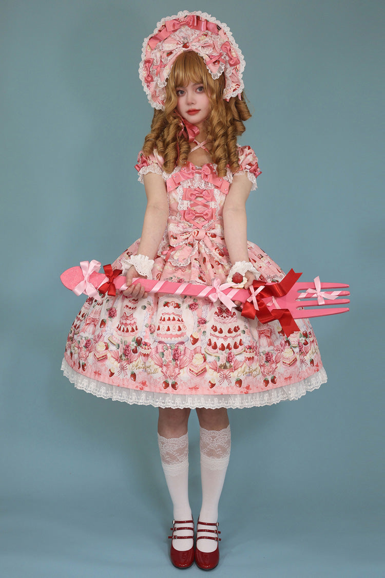 Sweet Lolita Dress - Strawberry Cake Bouquet, 3 Colors, Square Collar, Lace Trim, Printed - additional product view 10