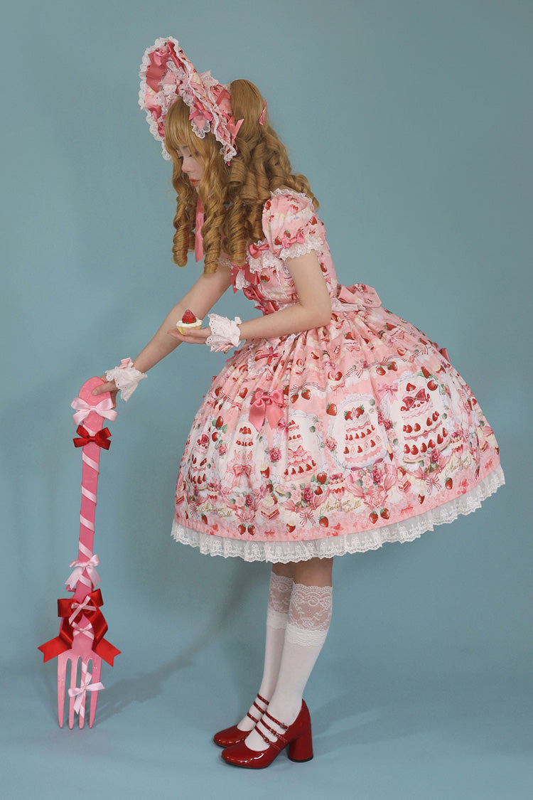 Sweet Lolita Dress - Strawberry Cake Bouquet, 3 Colors, Square Collar, Lace Trim, Printed - additional product view 11