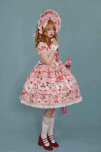 Sweet Lolita Dress - Strawberry Cake Bouquet, 3 Colors, Square Collar, Lace Trim, Printed - additional product view 12