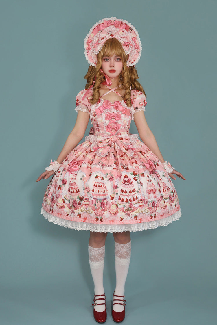 Sweet Lolita Dress - Strawberry Cake Bouquet, 3 Colors, Square Collar, Lace Trim, Printed - main product image