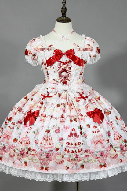 Sweet Lolita Dress - Strawberry Cake Bouquet, 3 Colors, Square Collar, Lace Trim, Printed - S White / M White / L White option