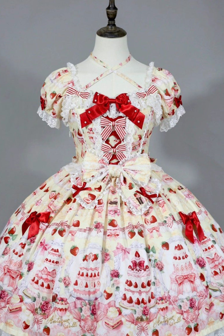 Sweet Lolita Dress - Strawberry Cake Bouquet, 3 Colors, Square Collar, Lace Trim, Printed - S Yellow / M Yellow / L Yellow option