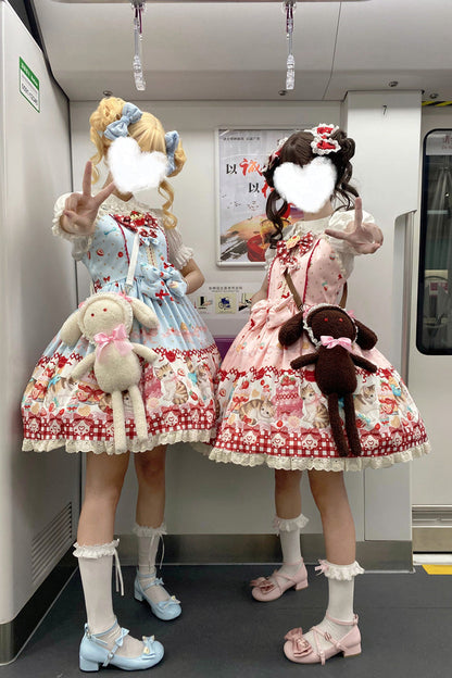 Sweet Lolita Dress - Strawberry Cake Kitty, 3 Colors, Bow Detail, Lace Trim, Printed - additional product view 2