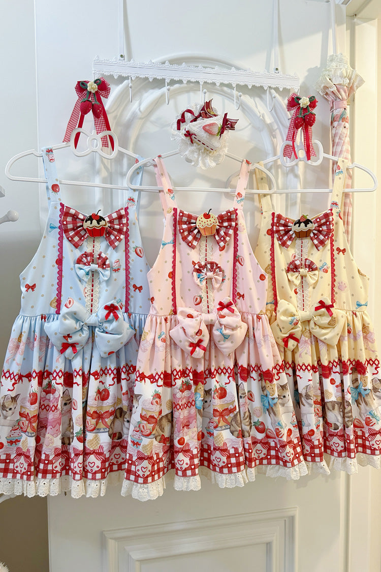 Sweet Lolita Dress - Strawberry Cake Kitty, 3 Colors, Bow Detail, Lace Trim, Printed - additional product view 3