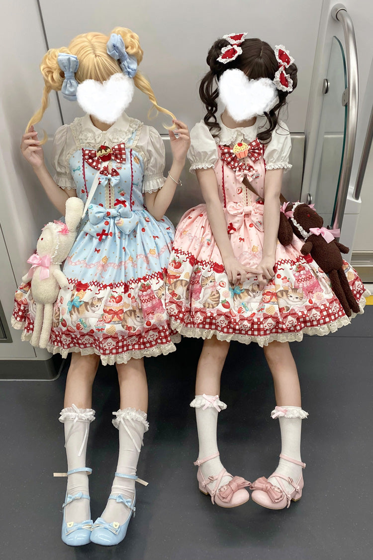 Sweet Lolita Dress - Strawberry Cake Kitty, 3 Colors, Bow Detail, Lace Trim, Printed - additional product view 4