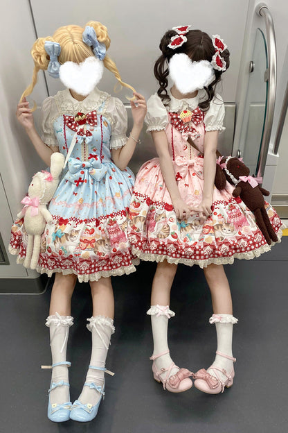 Sweet Lolita Dress - Strawberry Cake Kitty, 3 Colors, Bow Detail, Lace Trim, Printed - additional product view 4