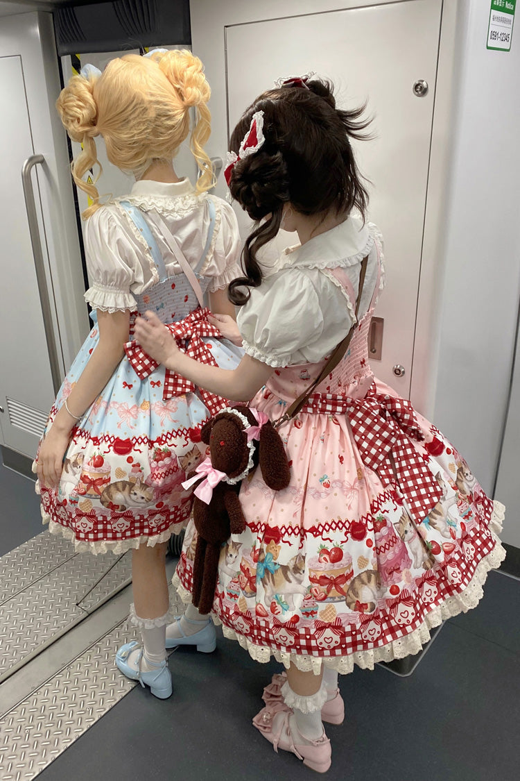 Sweet Lolita Dress - Strawberry Cake Kitty, 3 Colors, Bow Detail, Lace Trim, Printed - additional product view 6