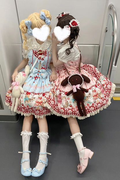 Sweet Lolita Dress - Strawberry Cake Kitty, 3 Colors, Bow Detail, Lace Trim, Printed - additional product view 7