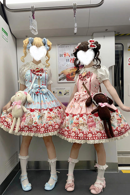 Sweet Lolita Dress - Strawberry Cake Kitty, 3 Colors, Bow Detail, Lace Trim, Printed - additional product view 8