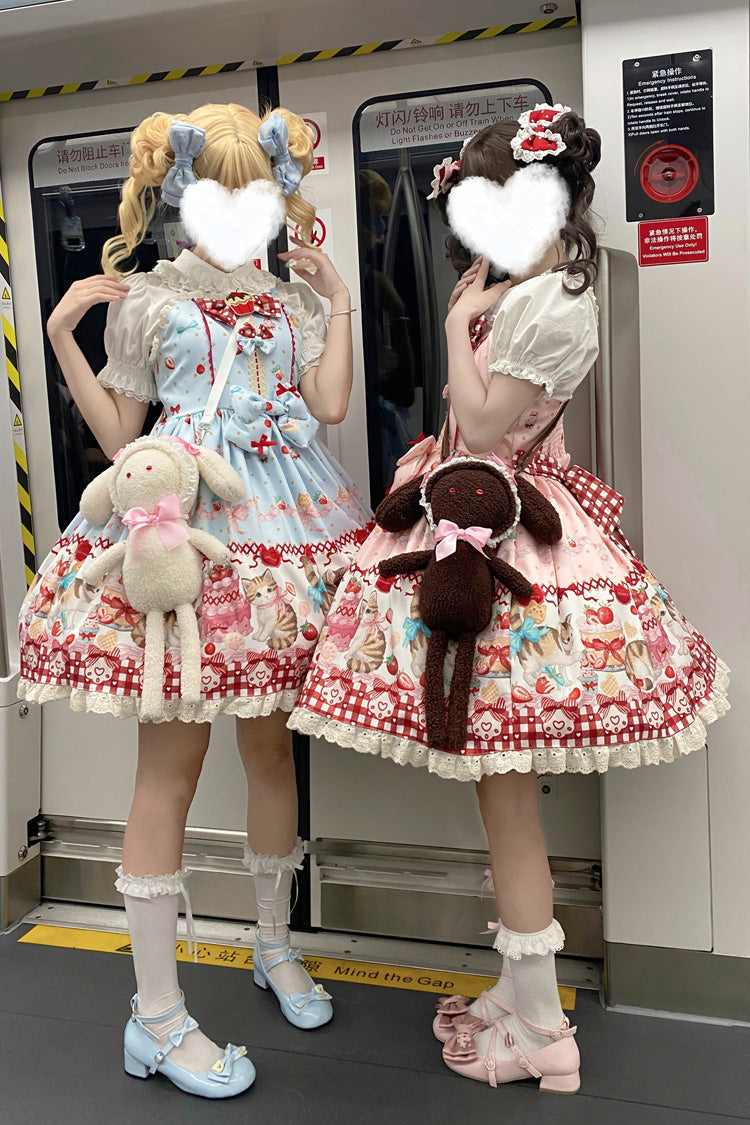 Sweet Lolita Dress - Strawberry Cake Kitty, 3 Colors, Bow Detail, Lace Trim, Printed - additional product view 9