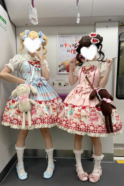 Sweet Lolita Dress - Strawberry Cake Kitty, 3 Colors, Bow Detail, Lace Trim, Printed - additional product view 10
