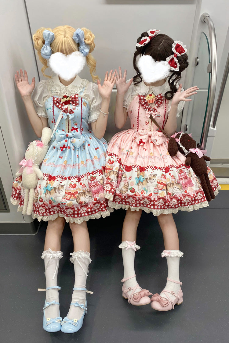 Sweet Lolita Dress - Strawberry Cake Kitty, 3 Colors, Bow Detail, Lace Trim, Printed - additional product view 11