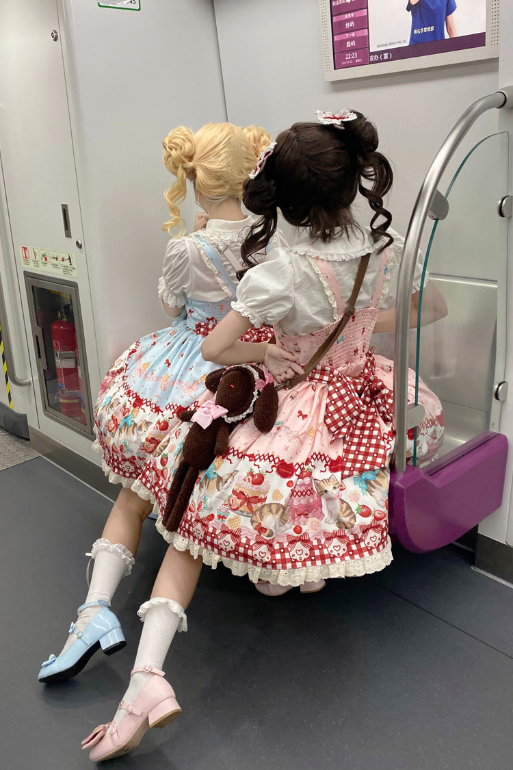 Sweet Lolita Dress - Strawberry Cake Kitty, 3 Colors, Bow Detail, Lace Trim, Printed - additional product view 12