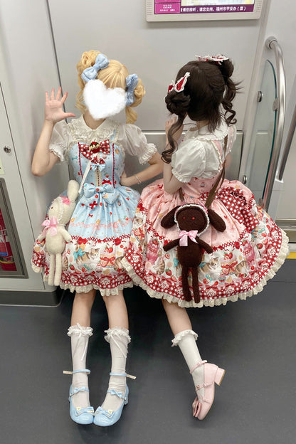 Sweet Lolita Dress - Strawberry Cake Kitty, 3 Colors, Bow Detail, Lace Trim, Printed - additional product view 14