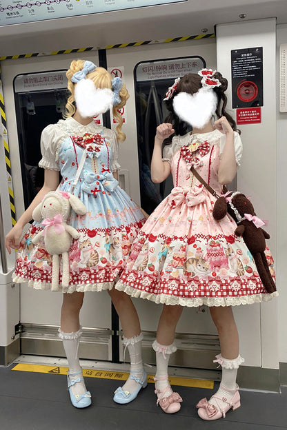 Sweet Lolita Dress - Strawberry Cake Kitty, 3 Colors, Bow Detail, Lace Trim, Printed - additional product view 15