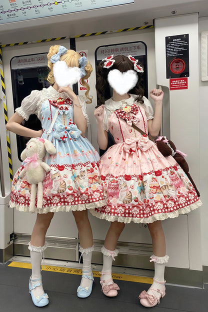 Sweet Lolita Dress - Strawberry Cake Kitty, 3 Colors, Bow Detail, Lace Trim, Printed - main product image
