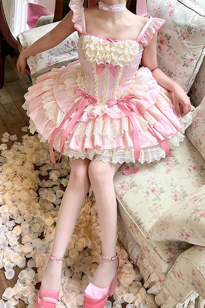 Sweet Lolita Dress - Strawberry Candy, Pink, Bow Detail, Lace Trim, Ruffled - additional product view 3