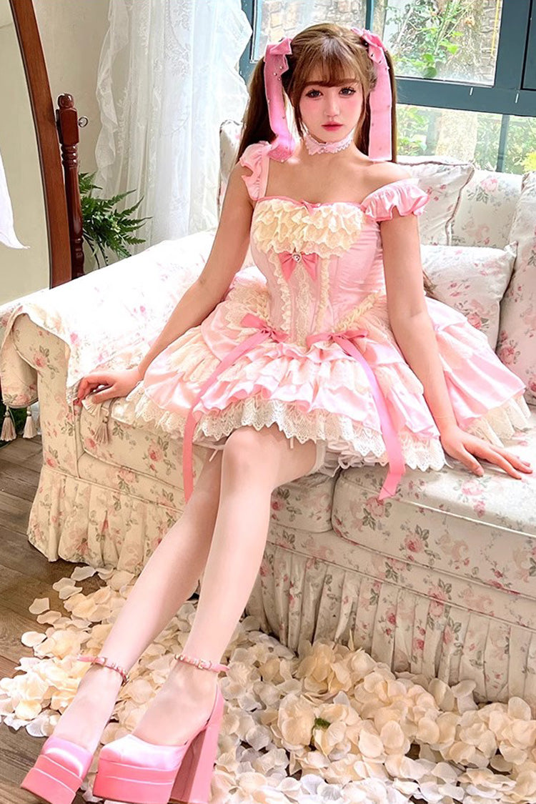 Sweet Lolita Dress - Strawberry Candy, Pink, Bow Detail, Lace Trim, Ruffled - additional product view 6