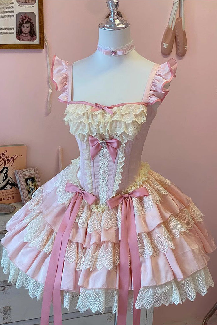 Sweet Lolita Dress - Strawberry Candy, Pink, Bow Detail, Lace Trim, Ruffled - main product image