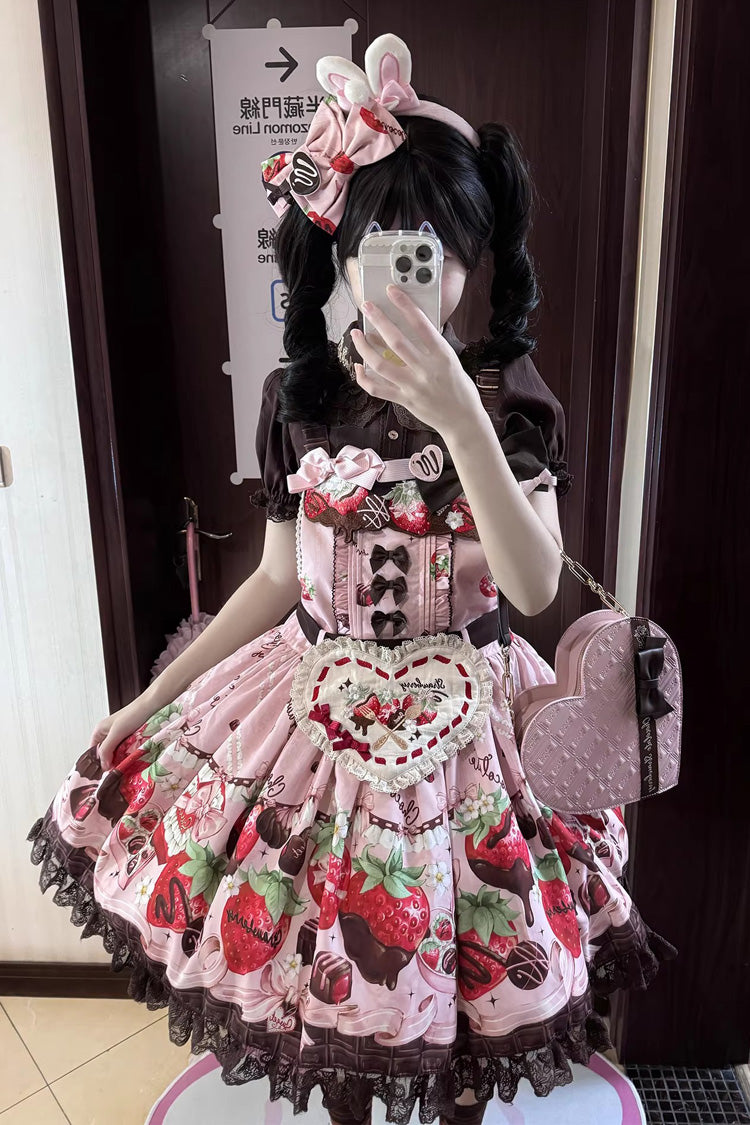 Sweet Lolita Dress - Strawberry Chocolate Lover, Pink, Printed, Embroidered, Bow Detail - additional product view 2