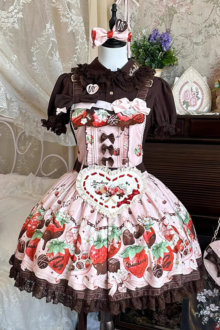 Sweet Lolita Dress - Strawberry Chocolate Lover, Pink, Printed, Embroidered, Bow Detail - additional product view 3