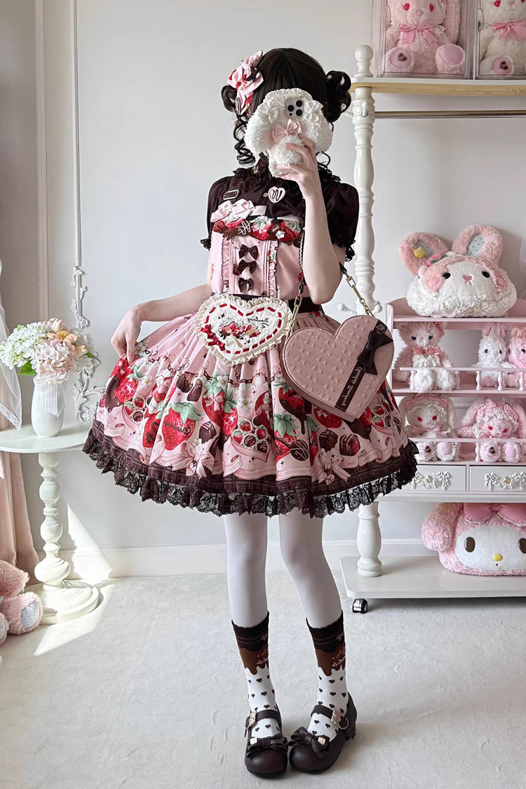 Sweet Lolita Dress - Strawberry Chocolate Lover, Pink, Printed, Embroidered, Bow Detail - additional product view 5