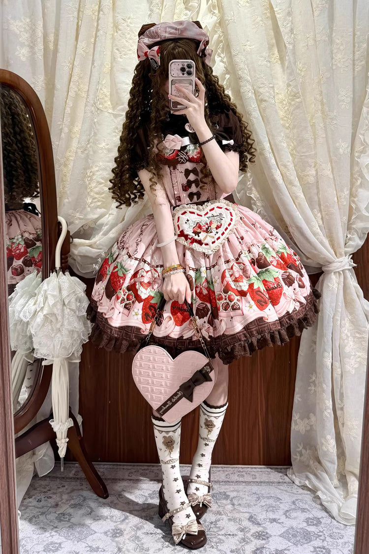 Sweet Lolita Dress - Strawberry Chocolate Lover, Pink, Printed, Embroidered, Bow Detail - additional product view 6