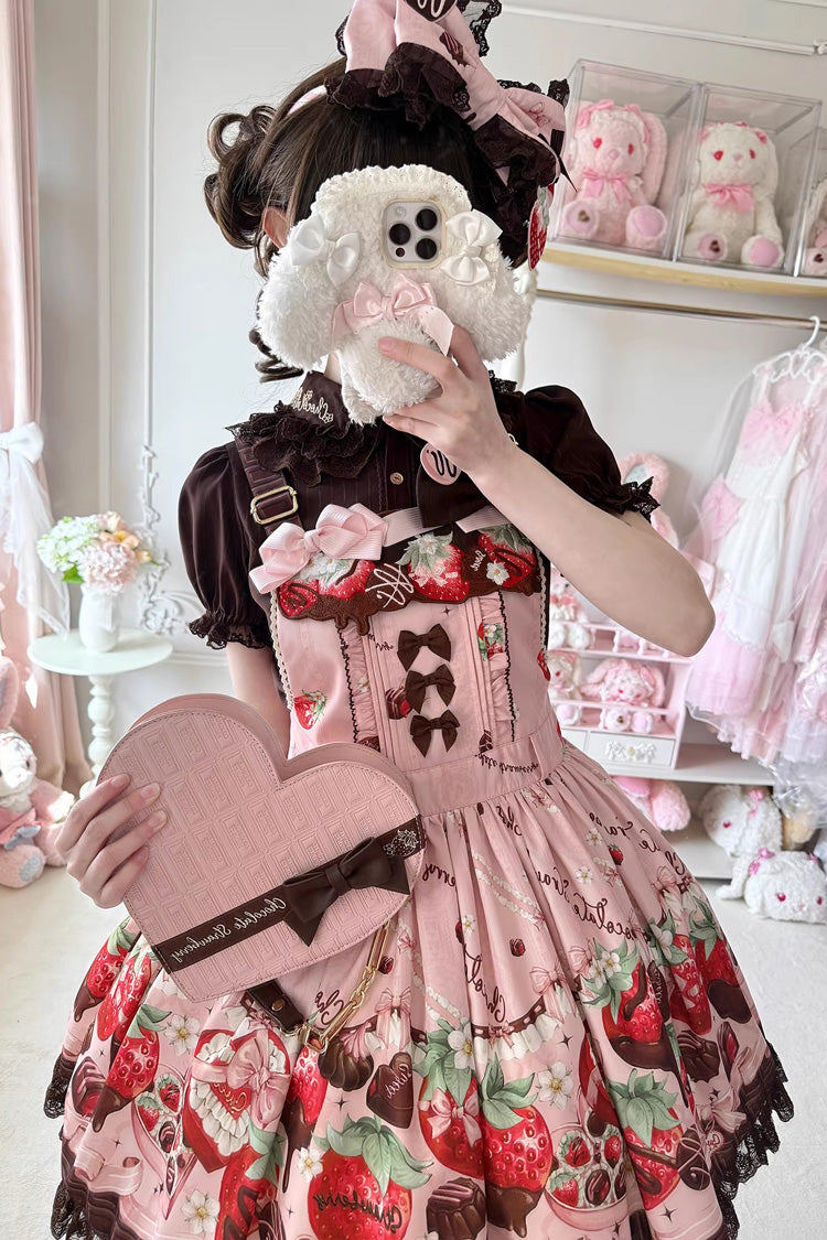 Sweet Lolita Dress - Strawberry Chocolate Lover, Pink, Printed, Embroidered, Bow Detail - additional product view 7