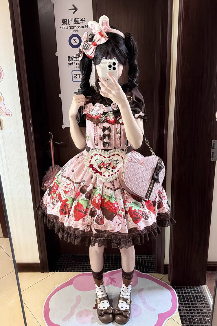 Sweet Lolita Dress - Strawberry Chocolate Lover, Pink, Printed, Embroidered, Bow Detail - additional product view 8