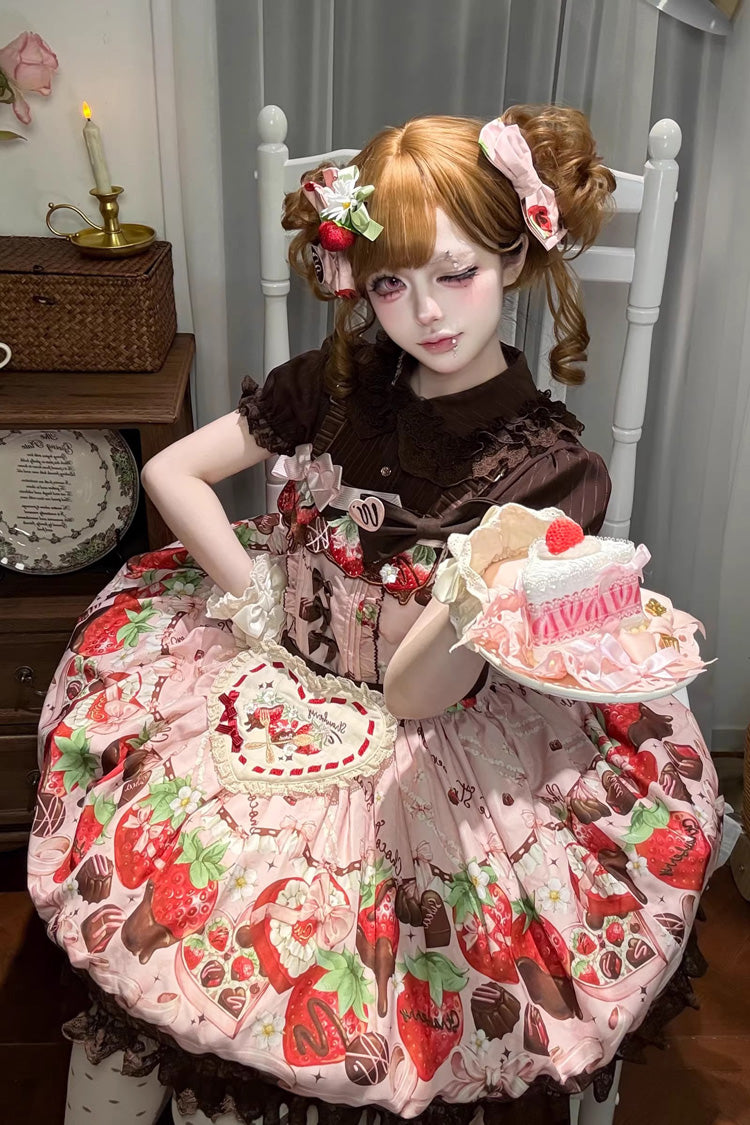 Sweet Lolita Dress - Strawberry Chocolate Lover, Pink, Printed, Embroidered, Bow Detail - main product image