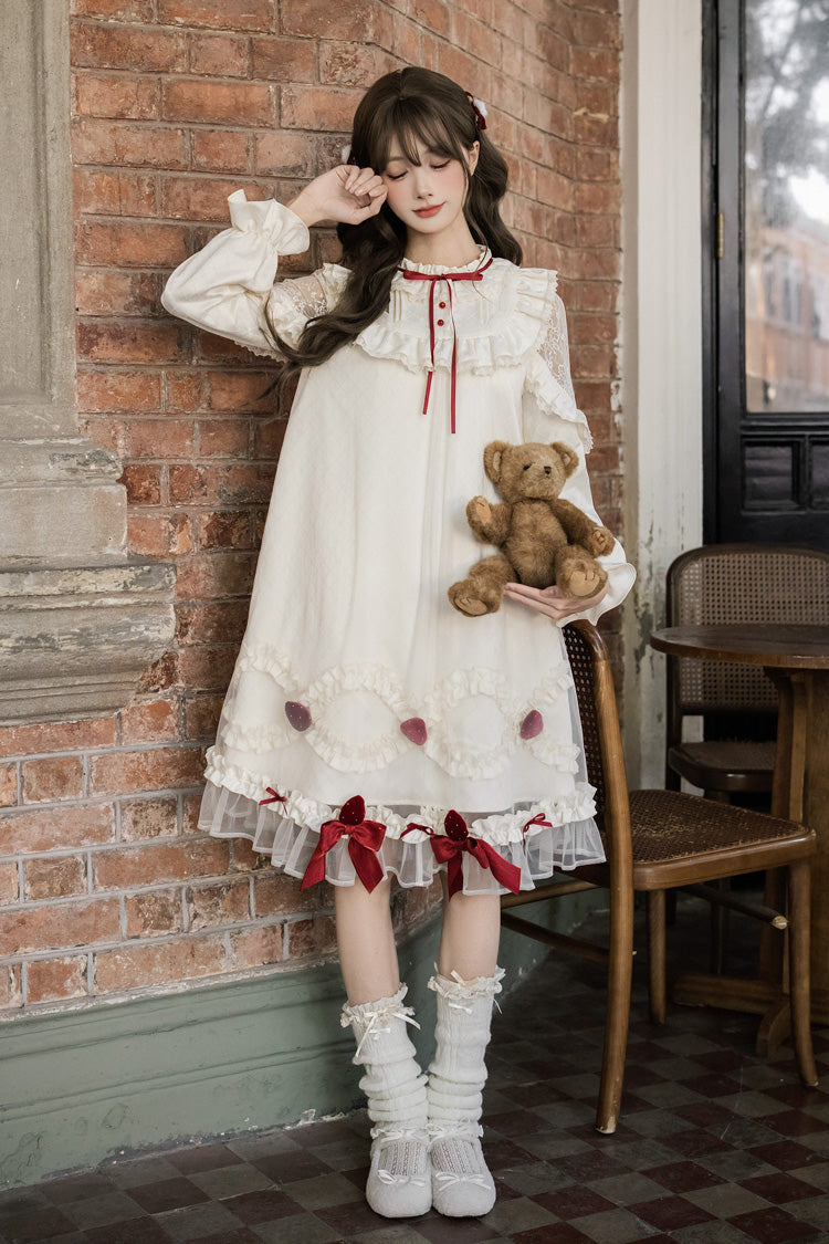 Sweet Lolita Dress - Strawberry Cream Cake, Ivory, Stand Collar, Lace Trim, Ruffled - additional product view 2