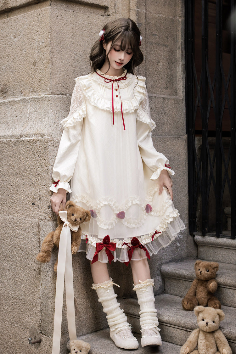 Sweet Lolita Dress - Strawberry Cream Cake, Ivory, Stand Collar, Lace Trim, Ruffled - additional product view 3