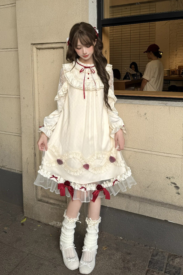 Sweet Lolita Dress - Strawberry Cream Cake, Ivory, Stand Collar, Lace Trim, Ruffled - additional product view 5