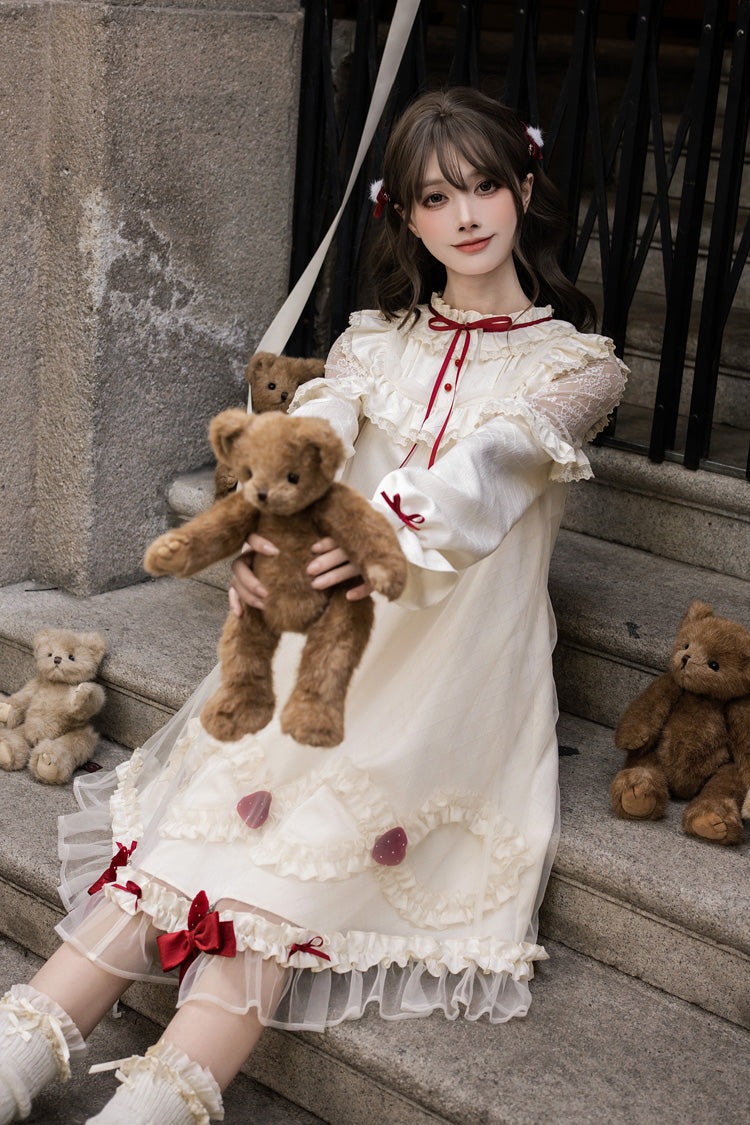 Sweet Lolita Dress - Strawberry Cream Cake, Ivory, Stand Collar, Lace Trim, Ruffled - additional product view 6