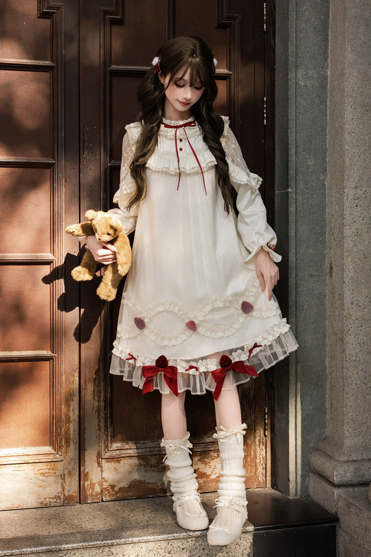 Sweet Lolita Dress - Strawberry Cream Cake, Ivory, Stand Collar, Lace Trim, Ruffled - additional product view 7