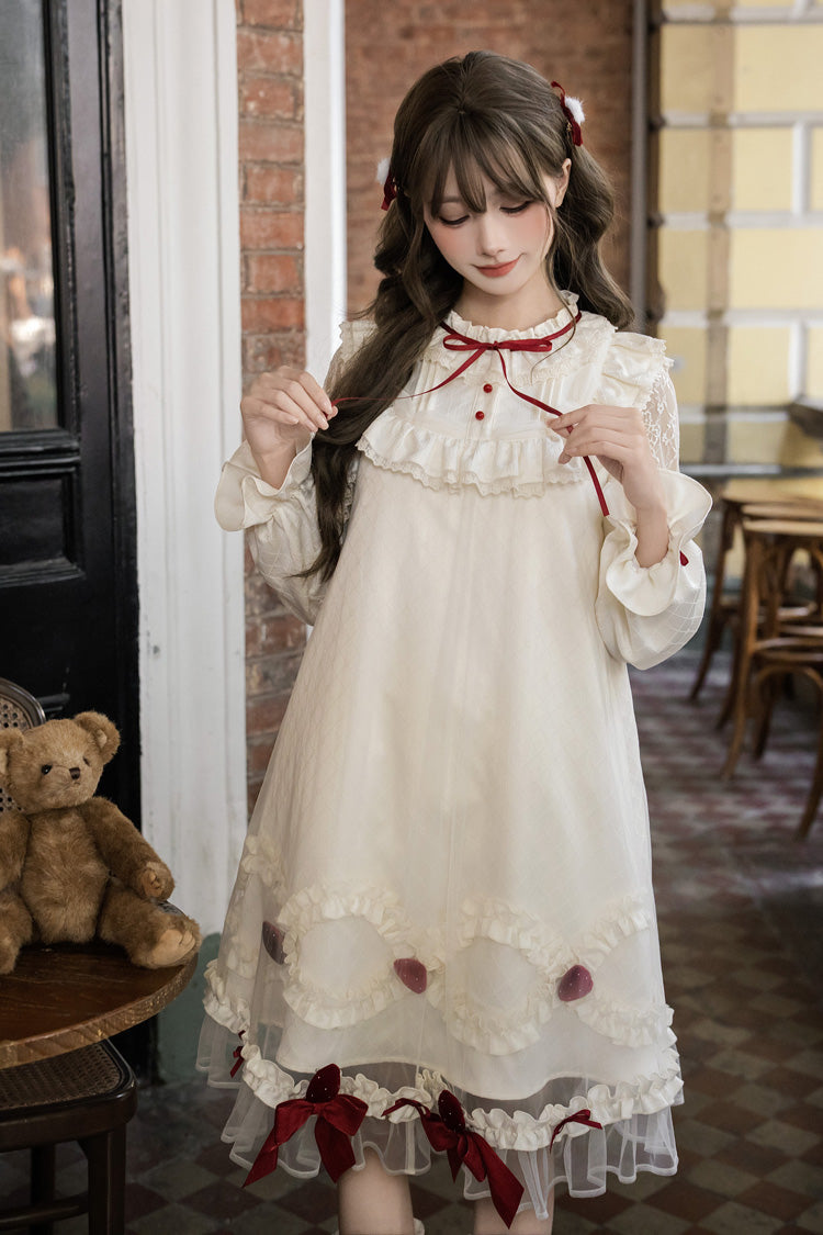 Sweet Lolita Dress - Strawberry Cream Cake, Ivory, Stand Collar, Lace Trim, Ruffled - additional product view 8