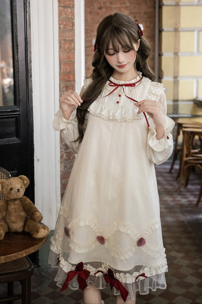 Sweet Lolita Dress - Strawberry Cream Cake, Ivory, Stand Collar, Lace Trim, Ruffled - additional product view 8