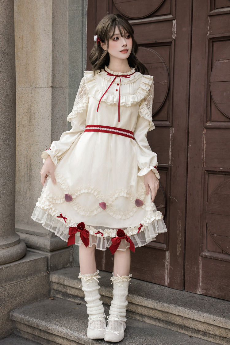 Sweet Lolita Dress - Strawberry Cream Cake, Ivory, Stand Collar, Lace Trim, Ruffled - additional product view 10